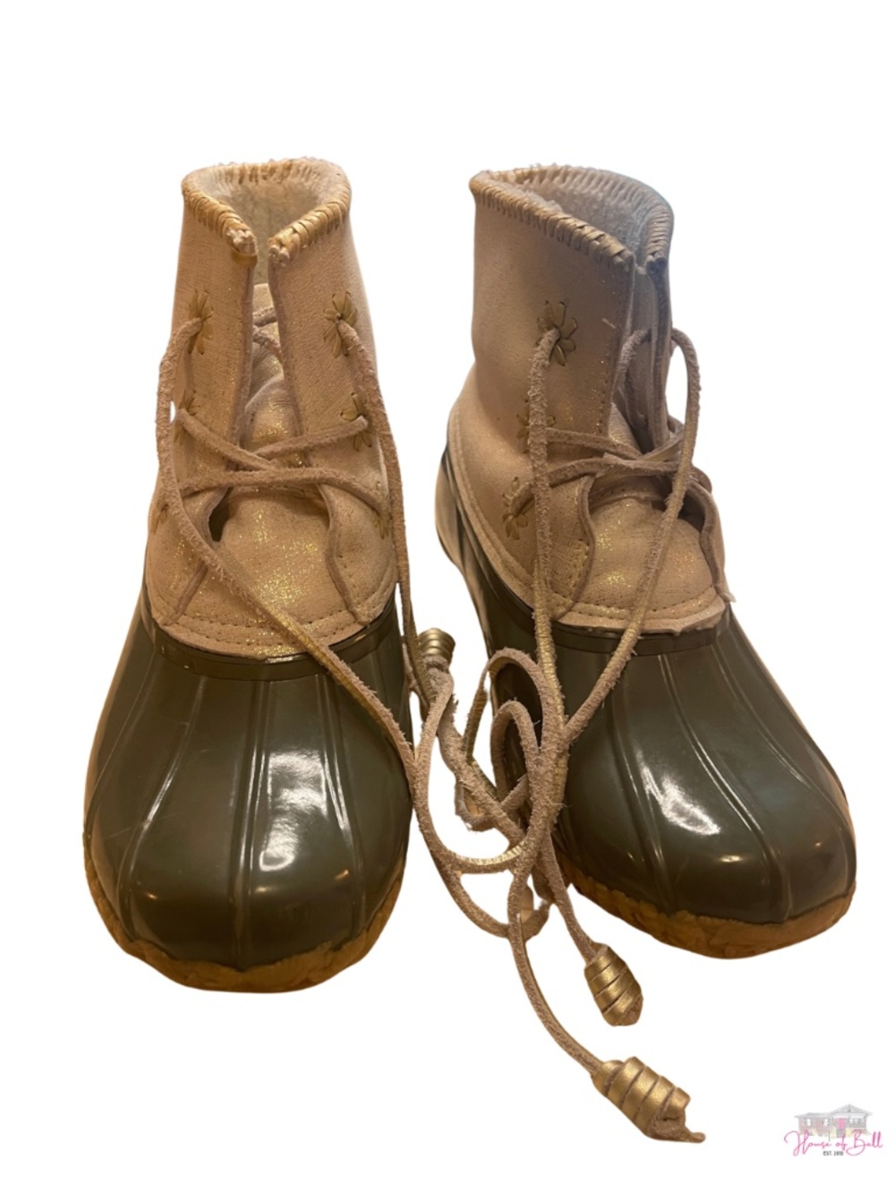 Jack Rogers Chloe Metallic Platinum Gold Olive Green Duck Boots Womens Size 9